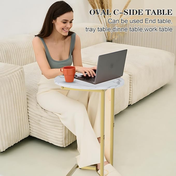 C Shaped End Table, Oval Couch Side Tables for Living Room, Sofa End Table with Metal Frame, Small Wooden Snack Table for Bedroom, Small Spaces, Easy Assembly, Gold
