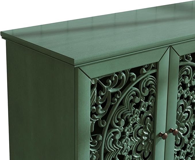 Retro 60'' Large Storage Cabinet Sideboard with 4 Hollow-Carved Doors and Adjustable Shelves, Acacia Wood Vintage Entryway Console Table TV Stand for Living Room Dining Room (Antique Green-LK)