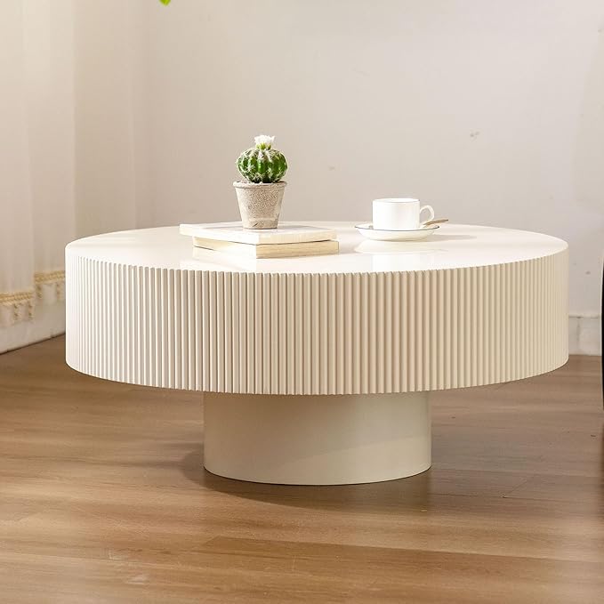 Round Coffee Table, Handcrafted Fluted Drum Coffee Tables Modern Wood Coffee Table Circle Drum Center Table for Living Room, Apartment (White Thick)