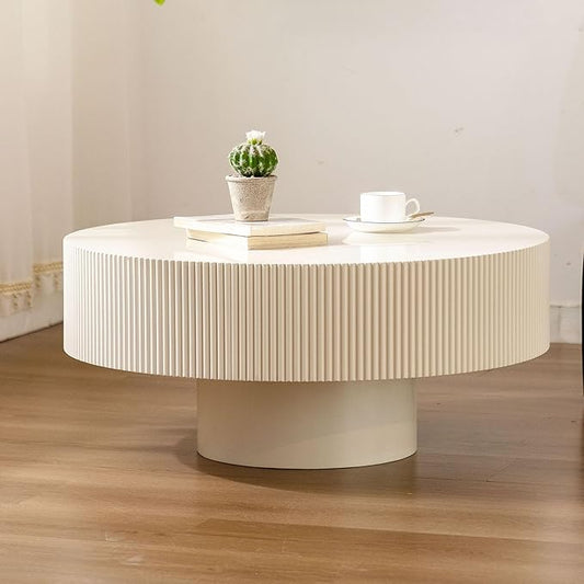 Round Coffee Table, Handcrafted Fluted Drum Coffee Tables Modern Wood Coffee Table Circle Drum Center Table for Living Room, Apartment (White Thick)