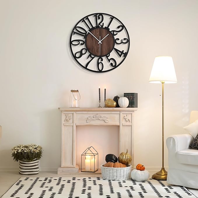 Large Wall Clock for Living Room Decor, 24 Inch Non Ticking Silent, Battery Operated Modern Vintage Oversized Wall Clock for Bedroom Kitchen