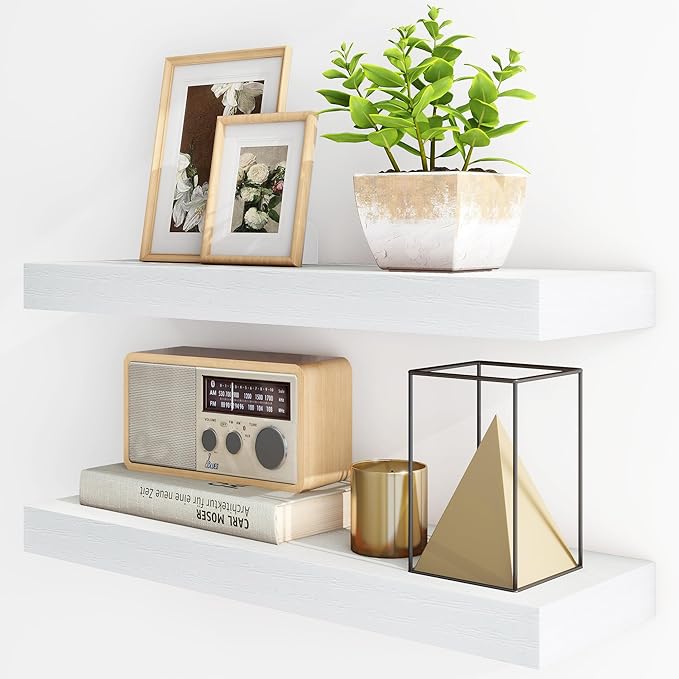Fun Memories Floating Shelves for Wall, 24Inch Floating Shelves Set of 2, Hanging Shelf with Invisible Brackets, Wood Shelves for Living Room, Bedroom, Kitchen, White