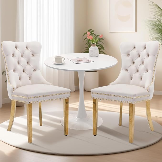 SoarFlash Kitchen Table and Chairs for 2, 31.5" Dining Table Set for 2 with Velvet Upholstered Chairs, 3 Piece Round Kitchen Table Set, Dining Room Table Set for Small Space, Apartment, Beige/White