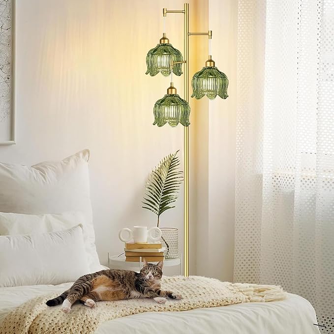 Vintage Floor Lamps for Living Room Bedroom-3 Light Gold Floor Lamp with Glass Lampshape, Flower Green Tall Lamp Mid Century Modern Standing Lamp Tree Floor Lamp for Bedroom Living Room Corner