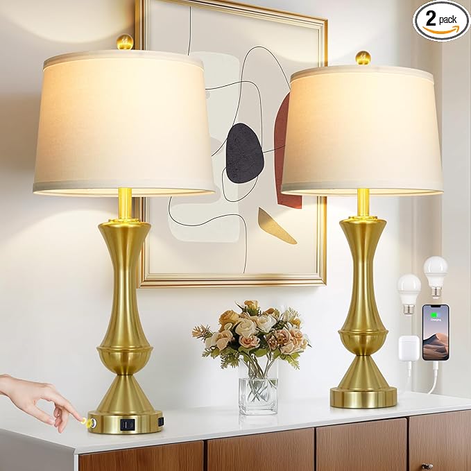 29" Tall Gold Table Lamps Set of 2 for Living Room, Touch Control Bedroom Lamps for Nightstand, 3-Way Dimmable Bedside Lamp with USB A+C Port &AC Outlets(2 LED Bulbs Included)