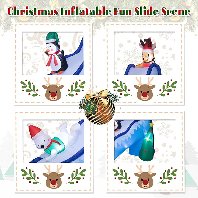 Bshine Christmas Inflatable Outdoor Decorations - 9.5 FT Christmas Inflatable Fun Slide Scene with Penguin Reindeer Polar Bear Blow Up Xmas Decorations with LED Lights for Lawn Garden Decor