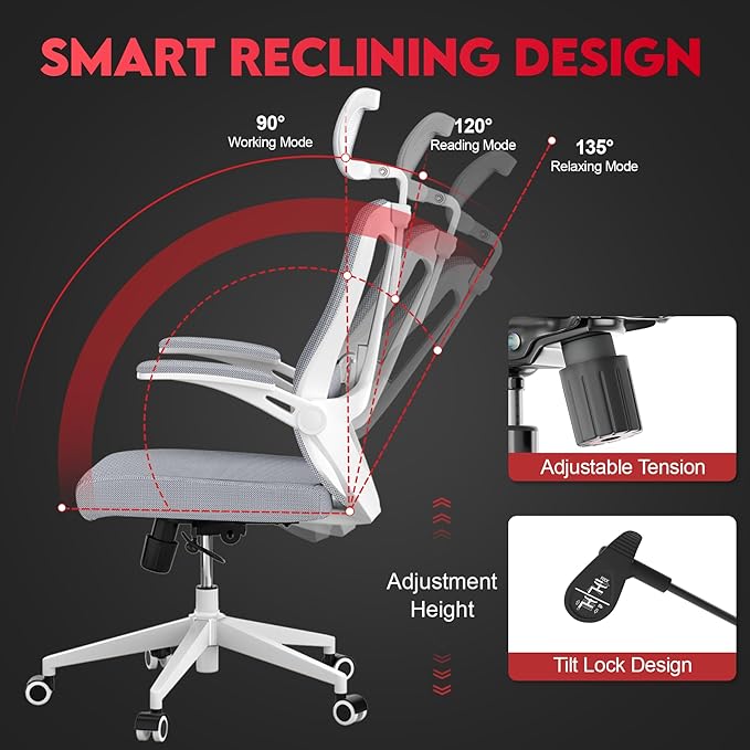 Ergonomic Office Chair - 400LB Comfy Desk Chairs with Adjustable Headrest and Lumbar Back Support, Mesh Computer Chairs with Wheels and Arms for Home Office, Study, Bedroom and Dorm (04grey)