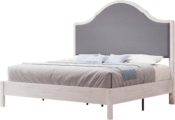 Jocisland King Size Bed Frame with Tall Upholstered Curved Headboard, Solid Wood Platform Bed, No Box Spring Needed, Wood Slat Support, Easy Assembly, White