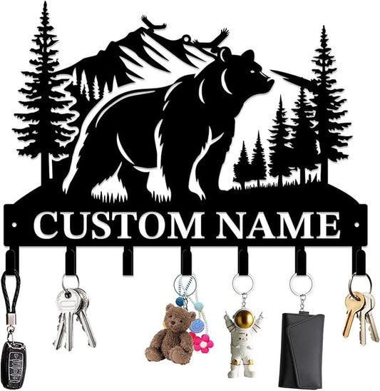Personalized Custom Name Bear Key Wall Hooks,Metal Bear Keys Clothes Hooks,Metal Bear Wall Home Storage Decorative,For Front Door, Hallway, Kitchen, Bedroom,Keys,Hats (Style D)
