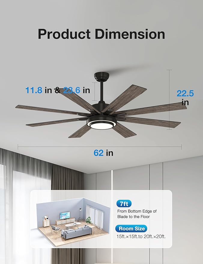 warmiplanet 62 Inch Indoor Ceiling Fans with Lights, 6 Speeds Slient Reversible DC Motor, 3 Color Dimmable LED Light, Timer, Black, 8 Blades