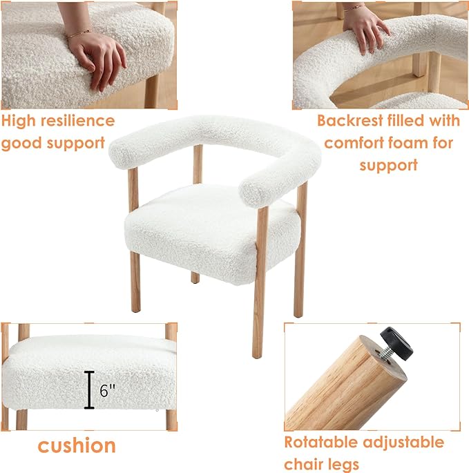 Mid-Century Modern Dining Chairs Set of 4, Armrest Barrel Dining Chairs Side Accent Chairs with Curved Back, Upholstered Wood Armchairs for Kitchen, Sherpa White