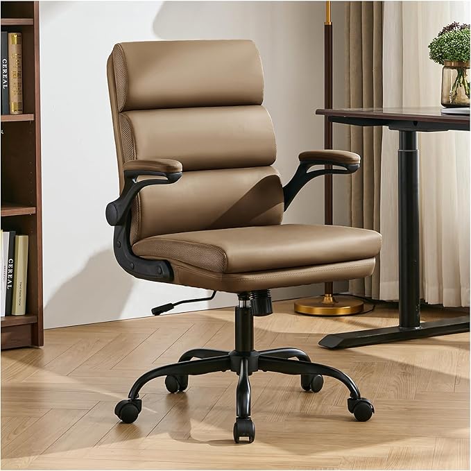 Office Chair Adjustable Desk Chair Mid Back Executive Comfortable Bonded Leather Ergonomic Back Support Home Computer Chairs with Padded Flip-up Armrest Swivel Wheels (Tan)