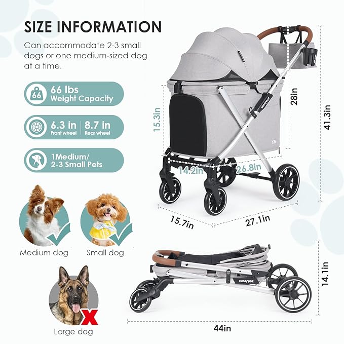 X6 Luxury Pet Stroller for Medium Dogs up to 66 lbs, One-Second Fold Design, 180° Canopy, 4-Wheel Shock Absorption (Grey)