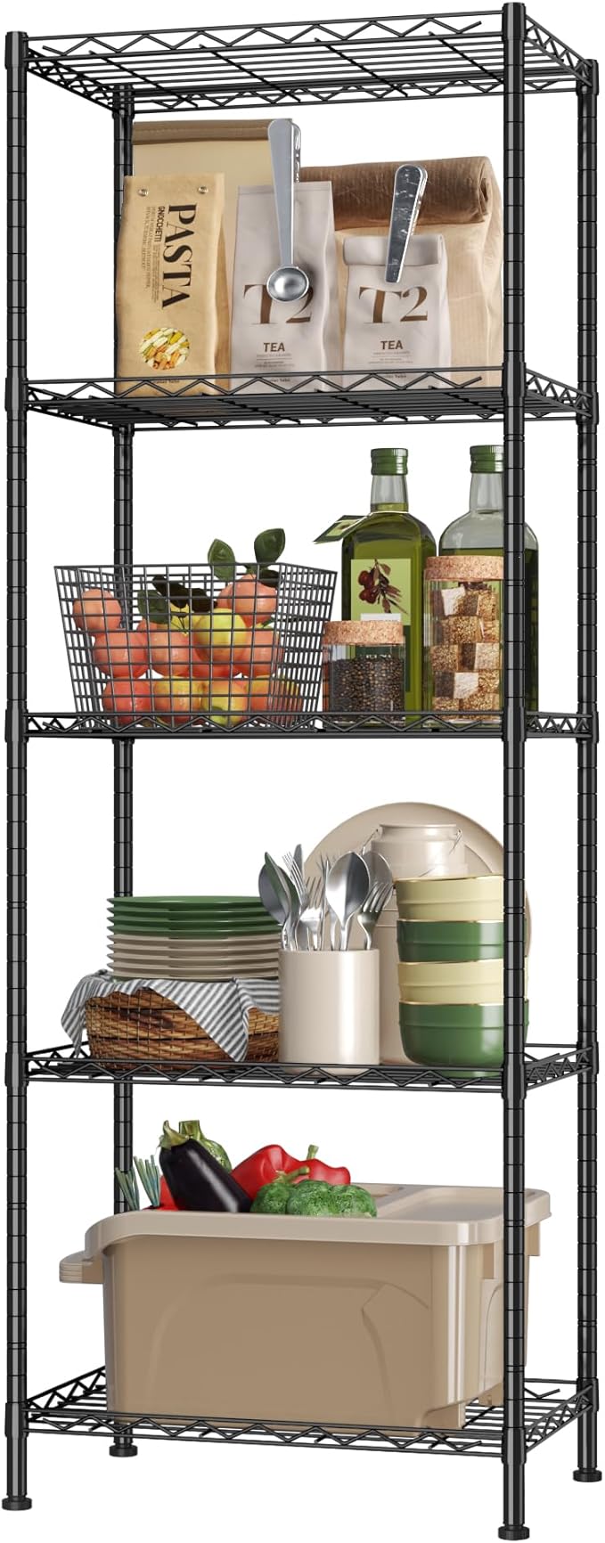 HOMEFORT 5-Shelving Unit, Adjustable Wire Shelving, Metal Wire Shelf Rack Organizer for Kitchen, Pantry, Closet, Bathroom, Laundry, Black,21" W x 11" D x 53" H