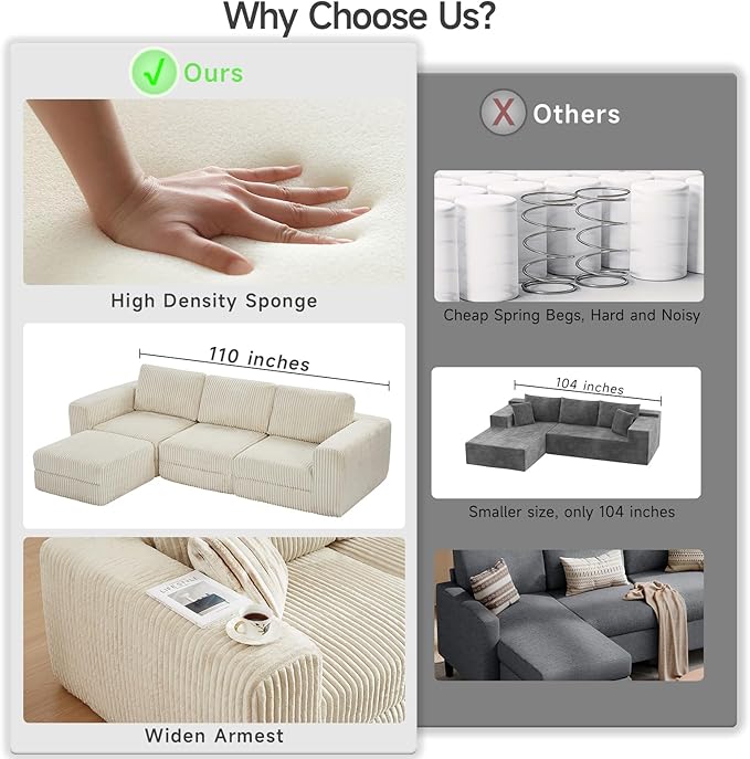 ONBRILL 110" Modular Sectional Sofa,L Shaped Couch 4 Seater with Sleeper Chaise,Upholstered Corduroy Couches for Living Room,Bedroom,No Assembly,Beige