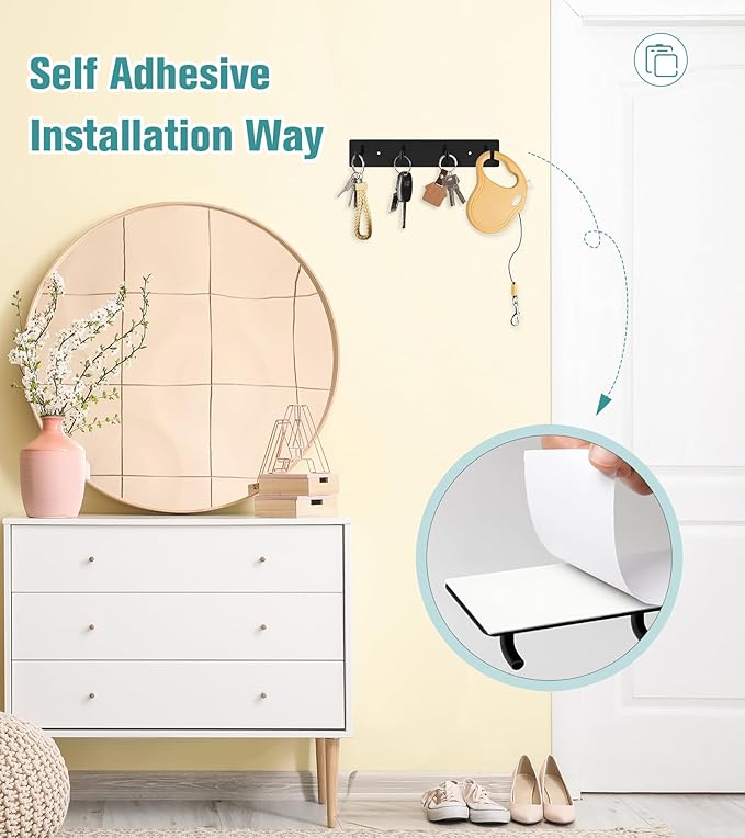 RELBRO Key Holder Wall Mount, Large Metal Self Adhesive Key Rack with 4 Hooks, 2 Installation Options, Black