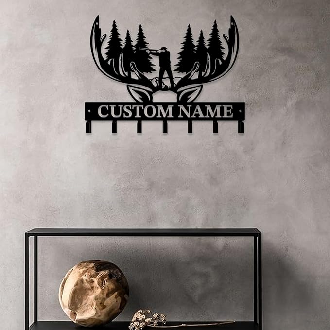 Personalized Custom Name Hunting Deer Wall Key Hooks,Metal Hunting Art Clothes Hooks,Metal Hunting Wall Home Storage Decorative,Hunter For Front Door, Hallway, Kitchen, Bedroom,Keys,Hats (Style L)
