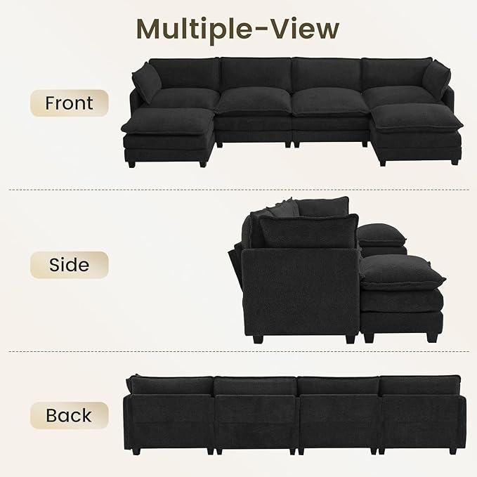 ROWHY Oversized Modular Sectional Couch with 2 Movable Ottoman, 148" Modern Convertible U Shaped Sofa Set, 4 Seat Comfy Cloud Couch with 2 Throw Pillows, for Living Room, Chenille, Black