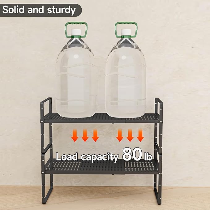 2Pack 16.5-27’’L Expandable Stackable Cabinet Shelves, Adjustable Spice Rack Cabinet Shelf Organizer for Kitchen, Countertop, Pantry and Cupboard, Black