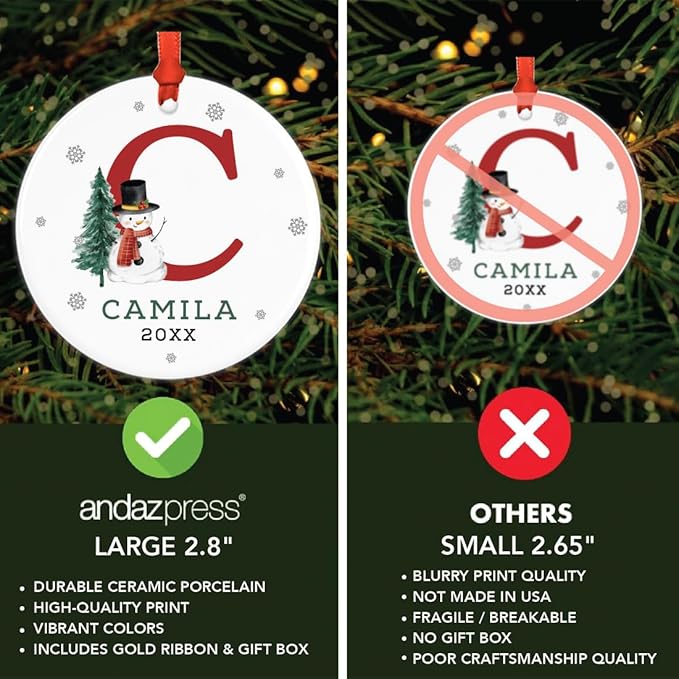 Andaz Press Personalized Christmas Ornament, Custom Name, Initial C Monogram Snowman 2.8" Ceramic Porcelain 2025 Christmas Ornament Keepsake for Kids, Boys, Girls 1-Pack Initial Ornaments
