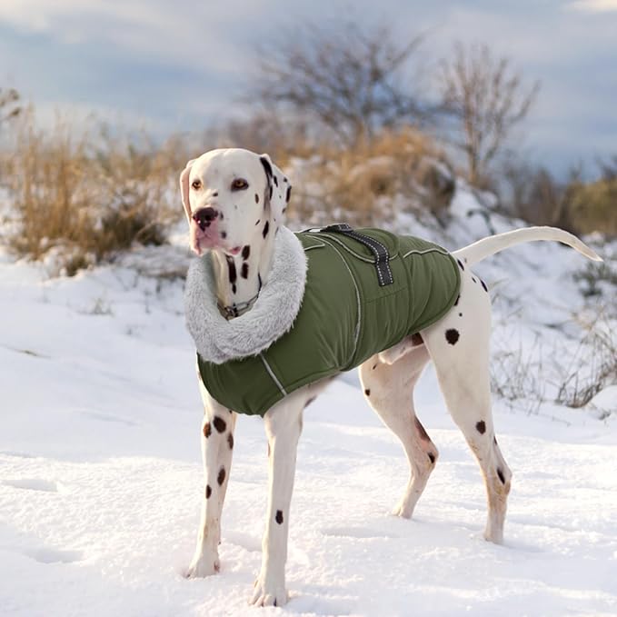Lelepet Warm Dog Coat Reflective Fleece Vest Waterproof Dog Jacket with Adjustable Buckle Hook & Loop Windproof Cold Weather Coats for Small Medium Large Dogs, Army Green, XXXL