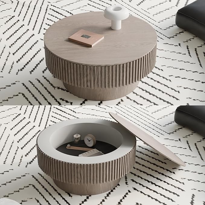 31.5'' Small Round Coffee Table with Storage, Fluted Coffee Table with Solid Wood Veneered, Mid Century Modern Wooden Center Table, Accent Tea Table for Small Space Living Room Apartment, Grey