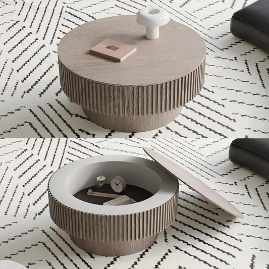 31.5'' Small Round Coffee Table with Storage, Fluted Coffee Table with Solid Wood Veneered, Mid Century Modern Wooden Center Table, Accent Tea Table for Small Space Living Room Apartment, Grey