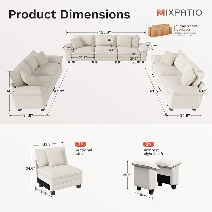 Cloud Couch Sectional Sofa Set, Plush 24.4-Inch Deep 7-Seat Sectional with Velvety Chenille & Removable Arms for Living Room and Apartment, Beige