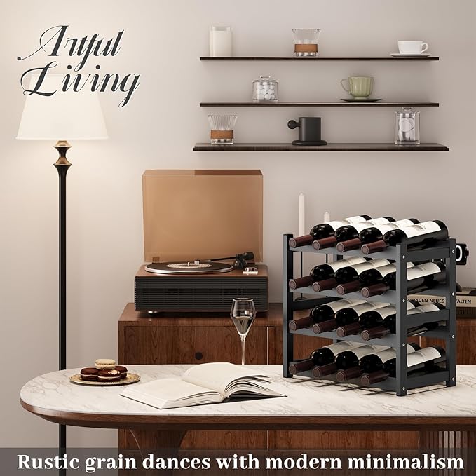 Wine Rack，Bamboo Wine Storage Cabinet Shelf，Countertop Wine Shelf- Freestanding Wine Holder for Kitchen & Pantry (Black, 4-Tier)