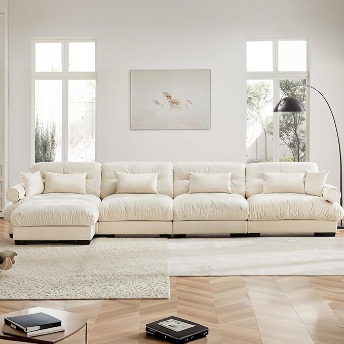 166" Oversized Couch, 4 Seater Modular Sectional Sofa, Beige White Large L Shaped Couches, Fluffy Couches, 4 Seater, Velvet Cloud Couch with Ottoman, Sofas for Living Room