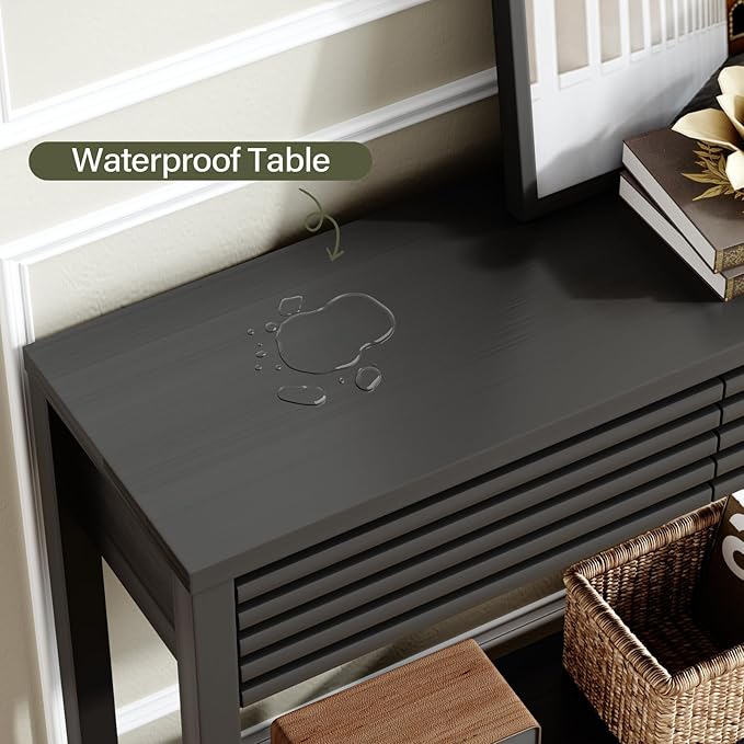 EAG 40" Fluted Console Table with 2 Drawers, Modern Wood 2 Tier Entryway Table with Storage Shelf, Narrow Sofa Tables Behind Couch for Entrance Foyer, Hallway, Living Room, Black