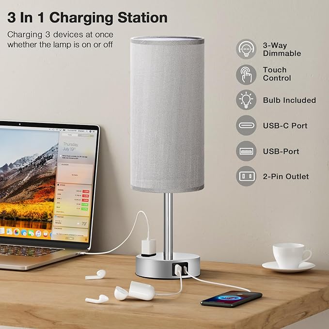Fenmzee Grey Nightstand Table Lamp for Bedroom - 3 Way Dimmable Bedside Lamp USB C A Charging Ports and AC Outlet, Small Table Lamp Silver Base for Living Room, Office Desk, LED Bulb Included