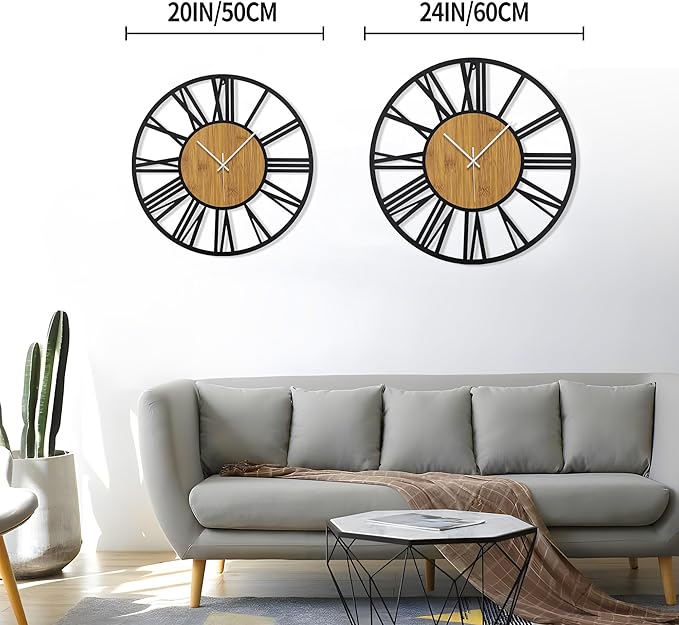 1st owned Wall Clocks for Living Room Decor,20" Vintage,Round Silent Non Ticking,Black Metal,Modern Wood Clocks for Home Bedroom,Kitchen,Garden,Office,Cafe,Modern Wall Decoration -Roman Numerals
