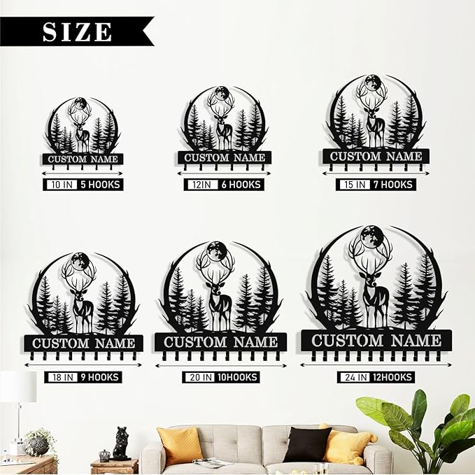 Personalized Deer Forest Key Holder Wall Mount, Custom Metal Key Holder for Wall with Name, Custom Keys Rack Hanger with Hooks for Entryway, Front Door, Hallway, Living Room, Kitchen