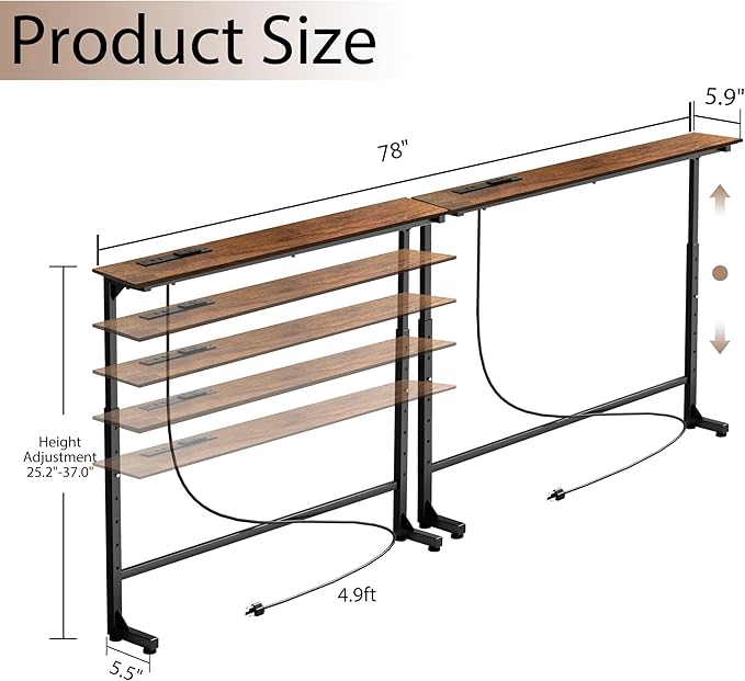 78 inch Narrow Console Table with Outlet,Adjustable Height(25"-37") Behind Sofa Table,Couch Behind Table Skinny,Couch Shelf with Charging Station,Long Entryway Table for Living Room,Brown