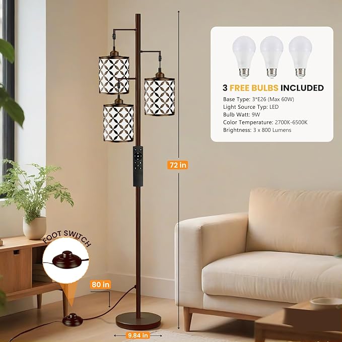 New Upgraded 72" Tall Dimmable Floor Lamp, 3 x 800LM 9W LED Bulbs Included, Farmhouse Standing Lamp with Remote Control, Industrial Tree Pole Floor Lamps for Living Room, Bedroom, Study Room - Brown