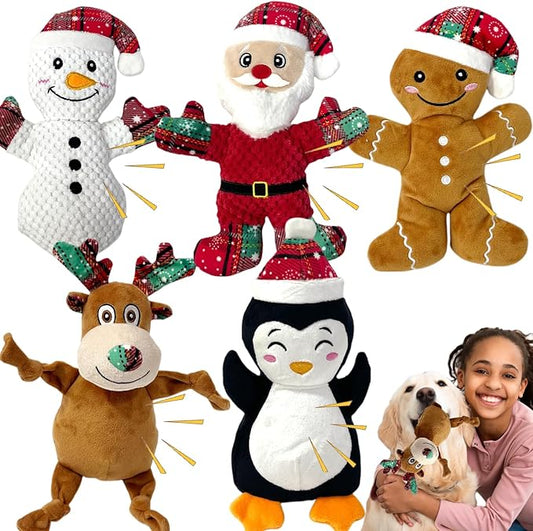 5 Pieces Christmas Squeaky Interactive Dog Toys with Crinkle, Plush Toy to Keep Them Busy for Boredom, Dog Toy for Small Medium Large Dogs - Santa/Penguin/Snowman/Gingerbread Man/Deer