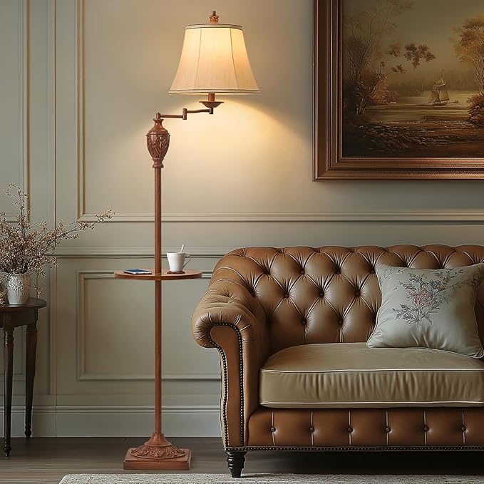 Traditional LED Floor Lamp with 350° Adjustable Swing Arm Lamp – Vintage Standing Pole lamp for Living Room, Bedroom and Office – Rustic Upright Floor Light for Home Décor with Silk Fabric Shade