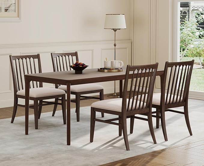 chairus Upholstered Dining Chairs Set of 6, Walnut Wooden Barrel Kitchen Chairs with Slat Back Double-Layer Cushion Farmhouse Accent Chairs for Dining Room/Living Room/Restaurant, Linen Beige