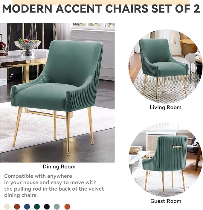 Dining Chairs, Accent Chairs Set of 6, Modern Upholstered Kitchen Dining Room Chairs with Gold Legs, Fabric Tufted Velvet Living Room Chairs for Reception Room Bedroom Guest Room (Green)