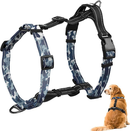 No-Pull Harness,Y-Shaped Design,Buckle-Neck Balance Harness with Reflective Stitching, Ideal for Dog Training and Night Walking, Padded Handle, Durable High-Tensile Nylon-Blue Camo-M