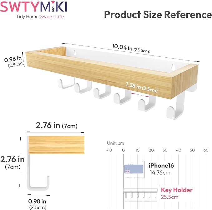 SWTYMIKI Key Holder Wall Mount-Wooden Key Hooks for Wall with Mail Organizer & 6Hooks, 2Installation Ways Key Hanger, Key Rack with Shelf for Entryway Living Room Bedroom Home Decor Wood White Hook