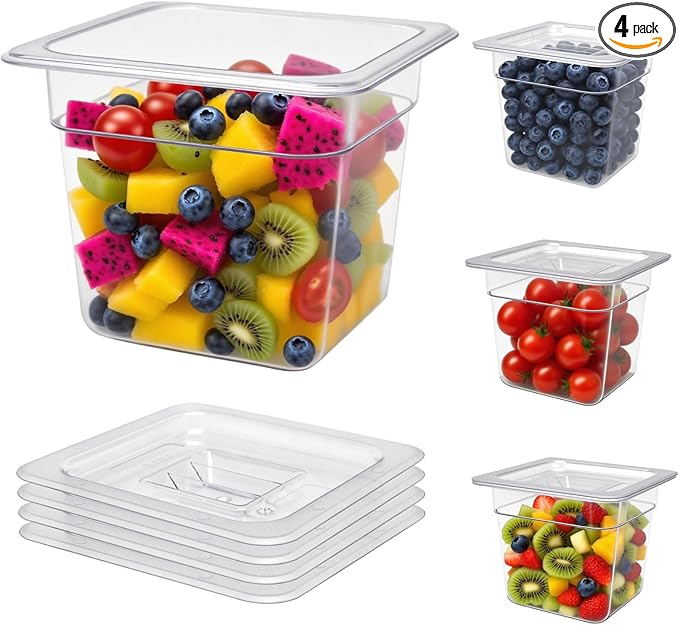 4 Pack Plastic Food Pans with Lids,1/6Size 6 Inch Stackable Restaurant Clear Food Storage Containers,Polycarbonate Commercial Hotel Pans for Fruits Vegetables Beans Corns(4Pack 6" Deep)