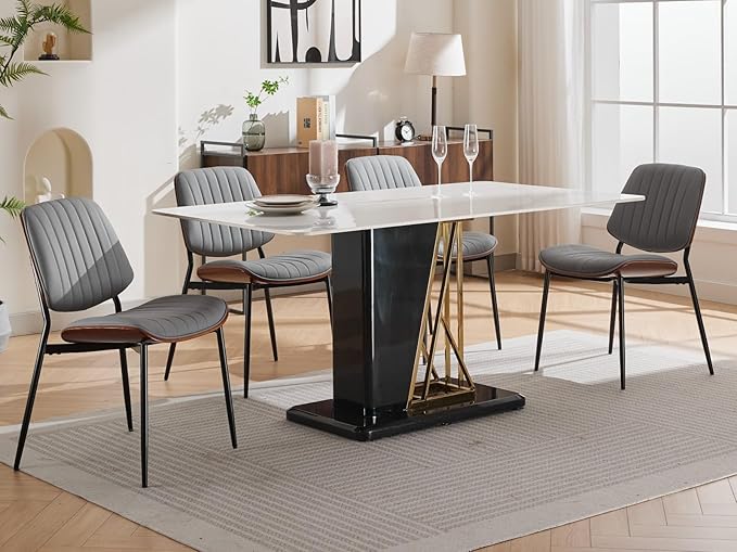 Dining Chairs Set of 4, Mid-Century Modern Upholstered PU Leather Chairs with Walnut Bentwood Back and Metal Legs Adjustable Feet for Kitchen Dining Room, Gray Vertical Stripes