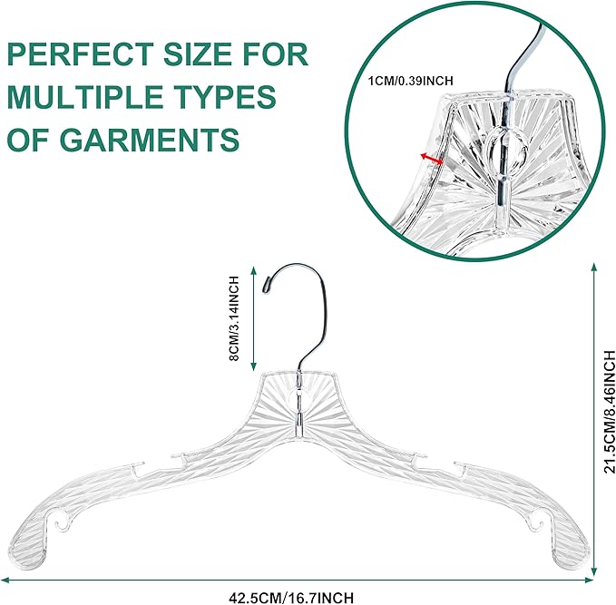 Quality Hangers 96 Pack Clear Plastic Hangers with Super Easy 360 Degree Swivel Hook – Shirt Hangers with Precision Notches for Secure Hanging – Slim Crystal Coat Hangers – 17 Inches (96, 17")