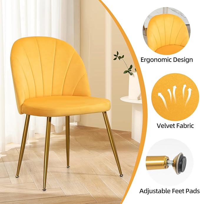 Velvet Dining Chairs Set of 4, Upholstered Mid Century Modern Dining Chairs, Armless Accent Chair with Metal Gold Legs for Living Room, Kitchen, Dining Room, Yellow