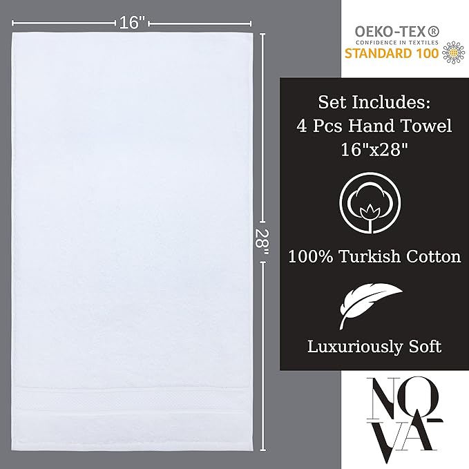 NOVA Luxury Linen - Hotel Quality Turkish Towel Set for Bathroom (4 Pcs Hand Towel Set, Pure White)