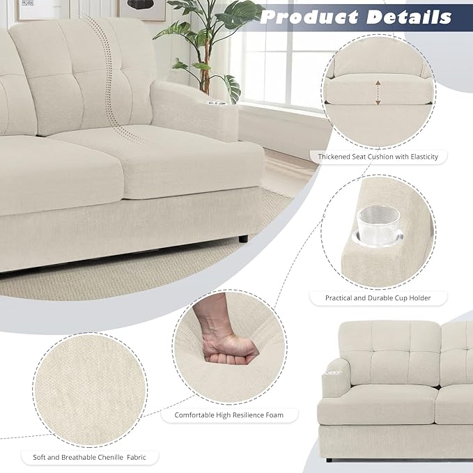 89" Chenille Modern Sofa with Cup Holder, Tufted Upholstered Couch with Thickened Cushions, Comfy 3 Seater Sofa with Deeper Seat for Living Room, Apartment,Beige