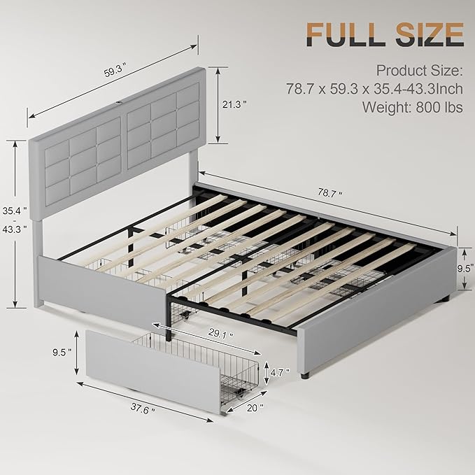 VECELO Full Size Bed Frame with 4 Drawers, Adjustable Tufted Button Headboard, Upholstered Platform with Wood Slats Support, Built-in USB and Type C Ports, Light Grey
