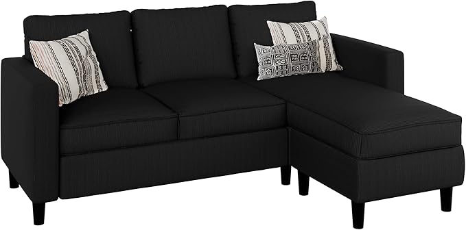 Nuturelly Convertible Sectional Sofa Couch with Movable Ottoman, 3-Seater Modern L-Shaped Sofa for Small Spaces, Soft Fabric Couch for Living Room, Small Apartment & Office(Black)